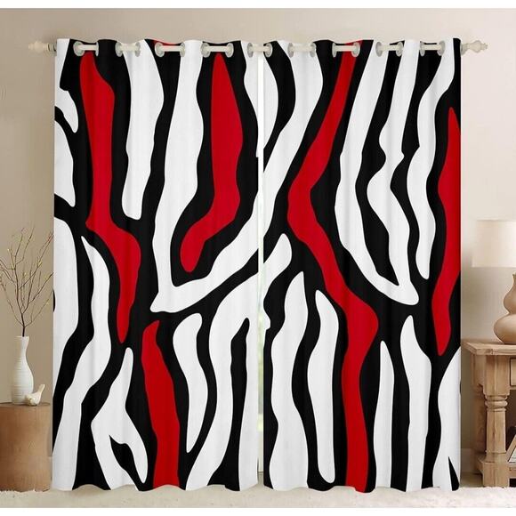 Manfei Zebra Print Window Curtains Black White Red Wave Stripe Set 38W x 54L - Picture 2 of 4